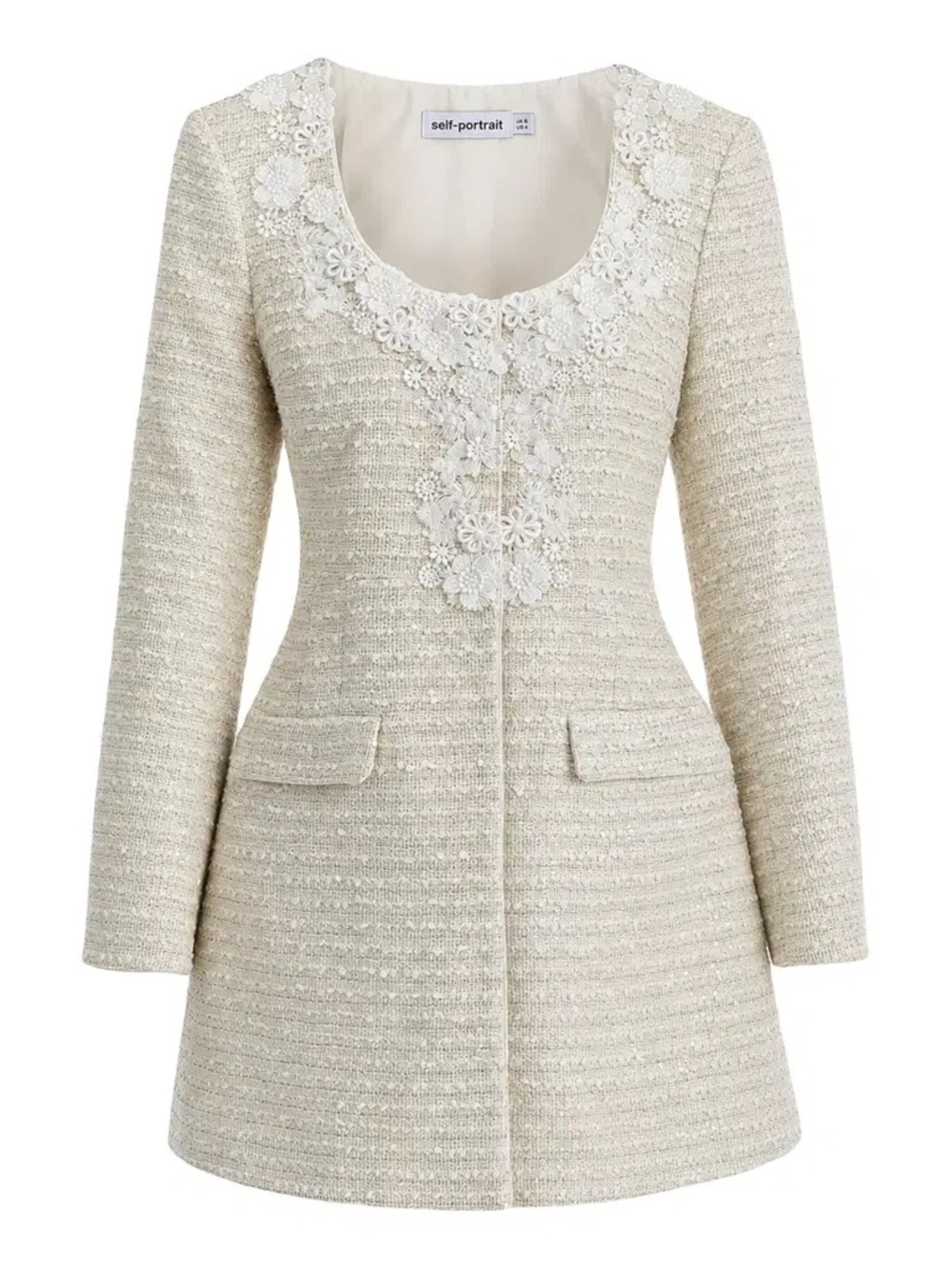 Self-Portrait Gold Boucle Floral Trim Mini Dress, Size US 6, $615 retail
